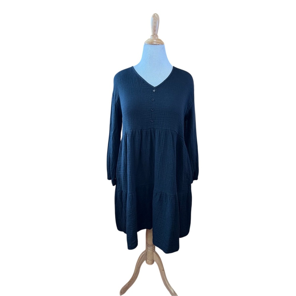 Serra Womens Black Cotton Gauze Tiered Long Sleeve V-Neck Button Dress Large